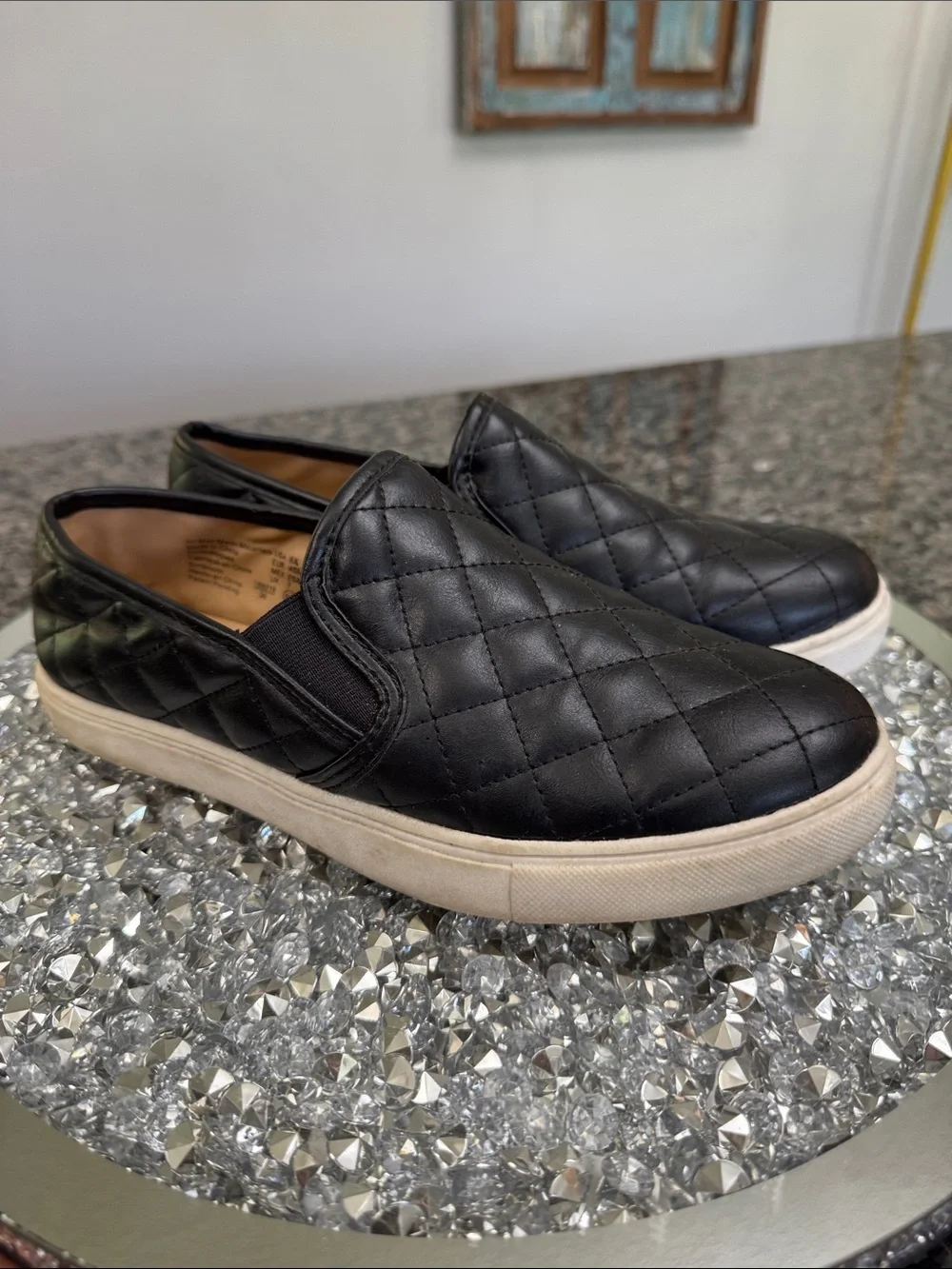 Brash Black Quilted Slip-On Sneakers with White Sole